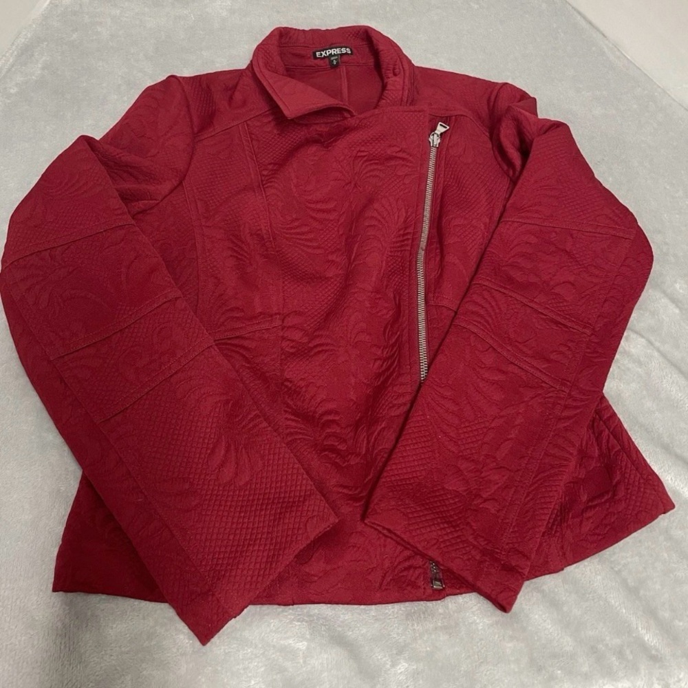 Express Medium Red Texter Moto Jacket Zip Up Bottom Clips Preowned